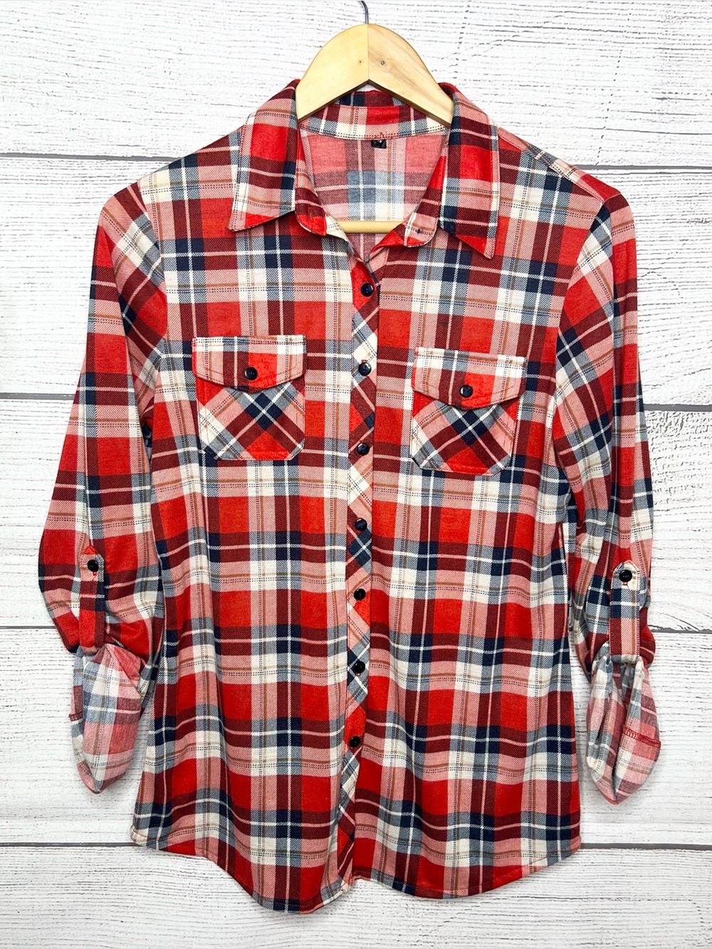 Stretchy Red Plaid Button-Up Roll Tab Long Sleeve Shirt Top Size Medium